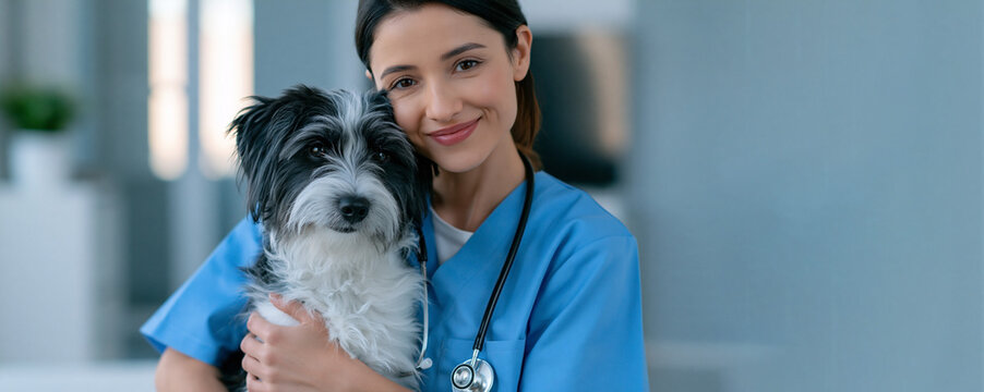 Female veterinarian in blue scrubs holding a small black and white dog, smiling in a modern veterinary clinic with soft lighting and minimalistic decor