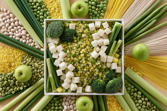 Colorful arrangement of fresh vegetables, fruits, and pasta in a square dish, surrounded by vibrant green and yellow ingredients on a wooden surface