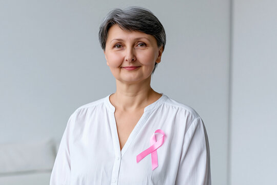 Middle-aged woman with gray hair wearing a white blouse and a pink ribbon on her chest, standing indoors in a bright, minimalistic environment