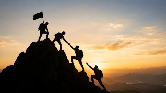 Silhouetted climbers assisting each other to the top of a rocky mountain. Concept of organizational leadership, mutual trust, and business success.