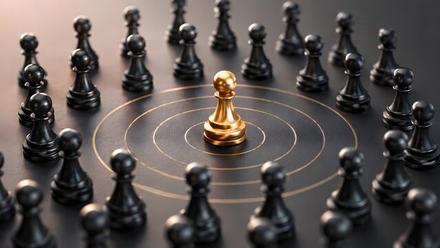 Golden pawn chess piece standing centrally surrounded by black pawns. Concept of strategic business positioning and market differentiation.