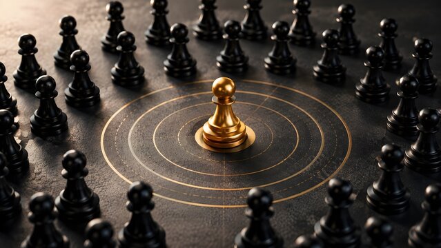 Golden chess pawn standing on concentric circles surrounded by black pawns. Concept of business leadership strategy, competitive market positioning, and corporate management.