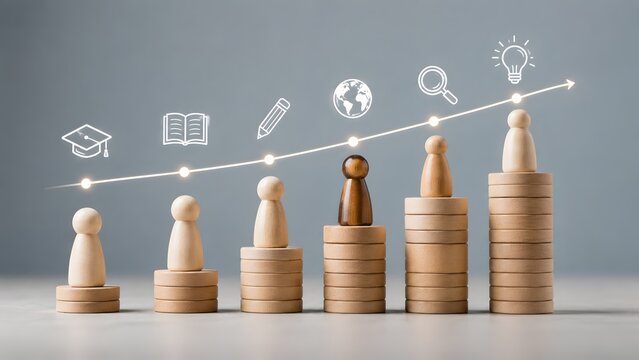 Wooden figures on stacked round tokens with glowing upward graph line. Concept of financial education investment, career development progress, and knowledge growth strategy.
