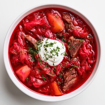 Traditional ukrainian borscht soup with beef and sour cream