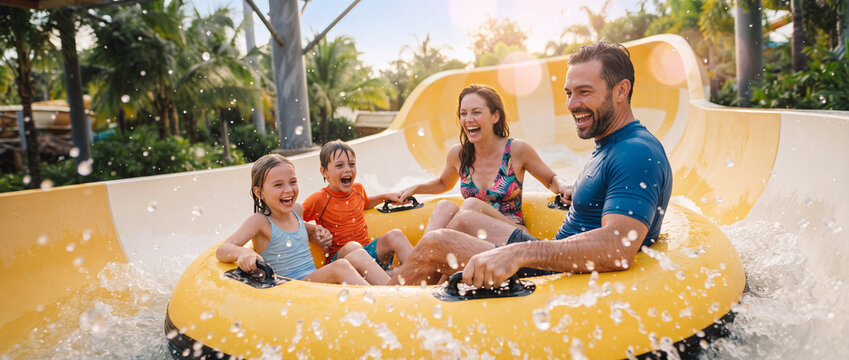 Water slide family raft ride in park features cheerful parents and kids splashing down a yellow chute in bright sunshine, perfect for summer vacation, theme park, and leisure travel ads
