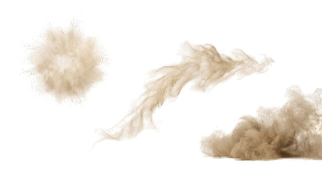 Three Distinct Dust Clouds Exploding on White Background