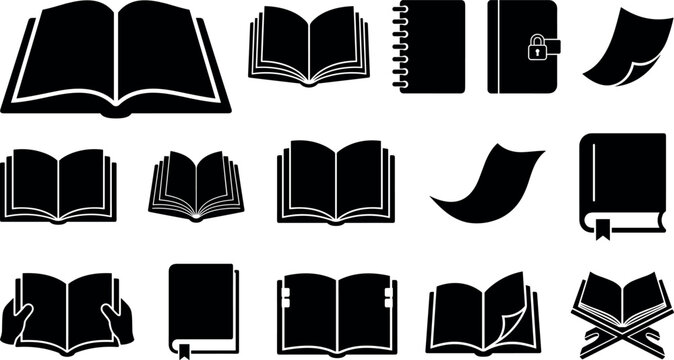 Book and Reading Icons Set Featuring Open Books, Notebook, Journal, Bookmark, Pages, Study, Library, and Education Vector Collection