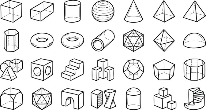 Geometric 3D Shape Icon Set Featuring Cube Sphere Cylinder Cone Pyramid Torus Prism Icosahedron and Isometric Perspective Math Formula Diagram Elements for Educational Engineering Design