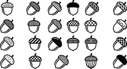 Oak acorn icon set vector illustration featuring various geometric patterns dots and lines on black silhouette caps © MstHusna