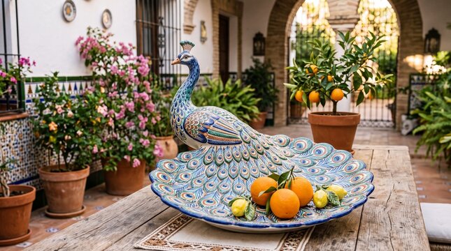 A ceramic firebird with a tail in the shape of a large handmade fruit vase stands on a table in the courtyard of the house.