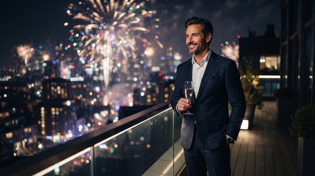 A man in a suit holding a champagne glass on a balcony at night, with fireworks exploding in the sky and a city skyline in the background. The man is smiling and looking out at the view.
