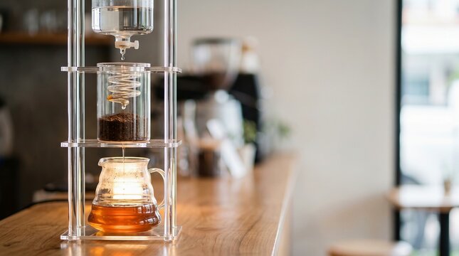 Cold brew coffee drip preparation with glass equipment on wooden cafe counter, gourmet beverage making.