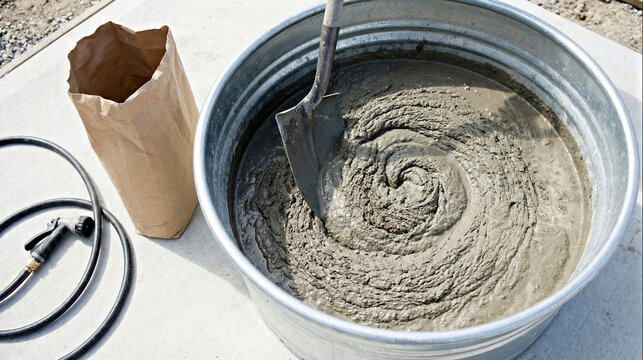 Wet cement mix prepared with shovel in metal tub, outdoor setting for construction and DIY home projects.