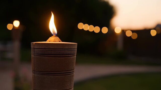 serene candle burning steadily in an outdoor evening scene with string lights and trees in the background. peaceful ambiance with green and brown tones and wooden holder.