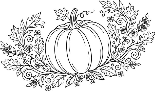 Detailed black and white vector illustration of pumpkin with ornate foliage and floral designs symbolizing autumn harvest and seasonal art