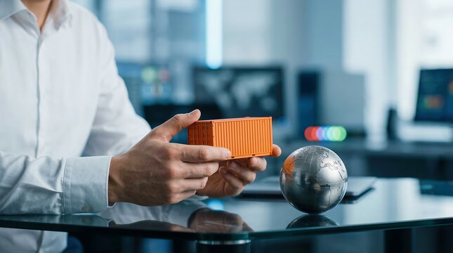 Global logistics professional holding miniature shipping container at modern office desk with metallic globe, symbolizing international trade and supply chain management.