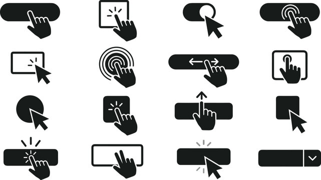 Web Button and Click Cursor Icon Set Featuring Hand Gestures, Mouse Pointers, Swipe Sliders, and Interactive UI Elements for Websites and App User Interface Designs