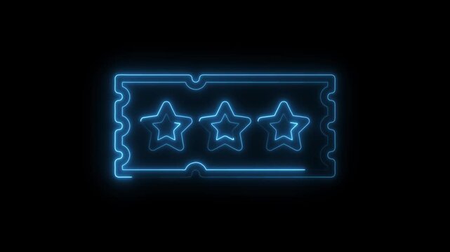 Animated neon ticket with three stars shining blue on a black background