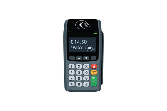 Modern electronic payment terminal with contactless reader and numerical keypad for retail sales.