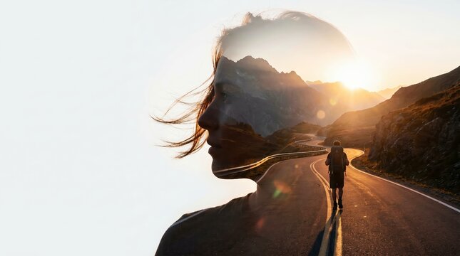 Woman's profile double exposed with hiker on winding mountain road at sunset, symbolizing travel and self-discovery.