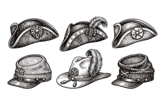 Retro military headwear and colonial style collection showcasing antique cocked hats officers caps cavalry headgear and feathered hats