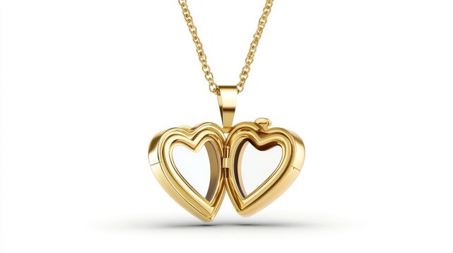 Golden Heart Locket Necklace Open Pendant Isolated on White