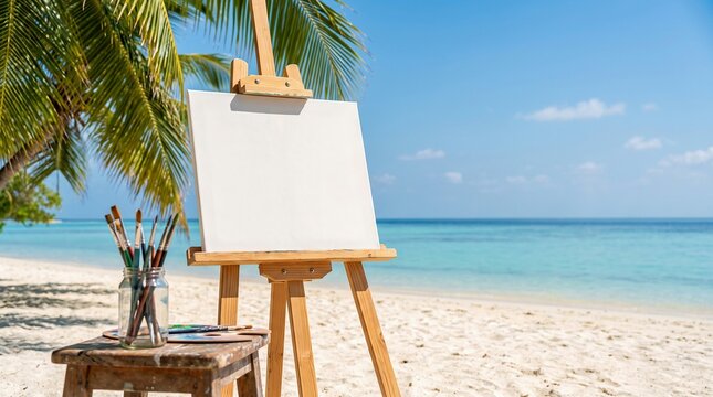 Easel with blank canvas and art supplies on tropical white sand beach, creative artwork and inspiration concept.