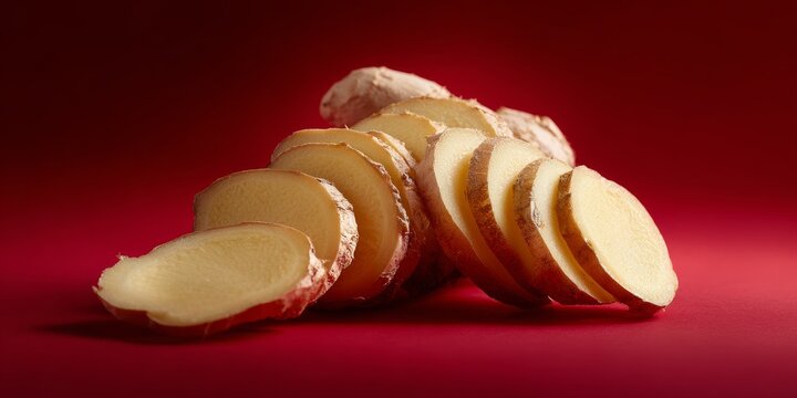 Macro shot of candied sliced ginger root on red surface