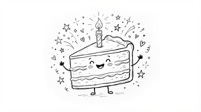 Hand drawn scribble doodle vector of a cute cartoon birthday cake slice with candle