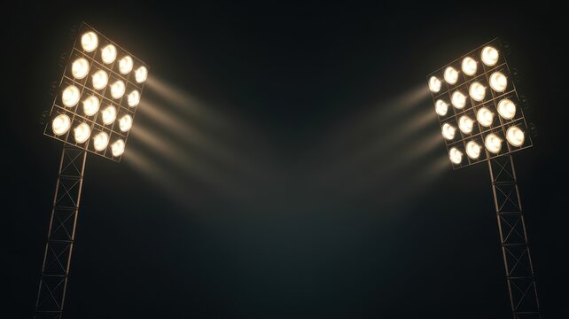 Black Friday Bright stadium floodlights shining in dark sky for professional sports venue atmosphere and evening event stage lighting