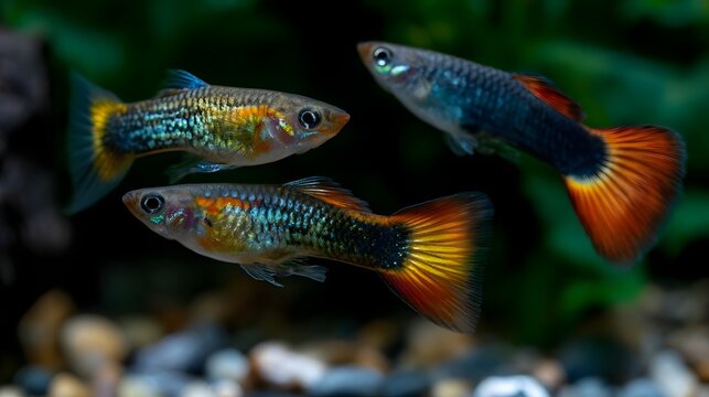 Three colorful guppies swim gracefully in clear water near pebbles and green plants in a natural aquarium setting