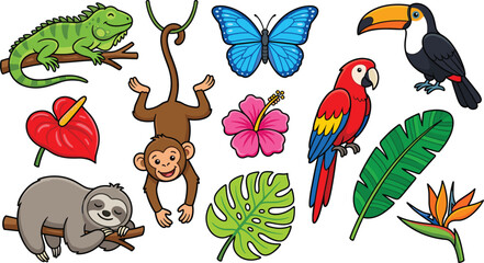 Obraz premium Tropical jungle animals and rainforest nature elements vector bundle featuring monkey, sloth, iguana, scarlet macaw parrot, toucan, blue butterfly, hibiscus, and exotic foliage.