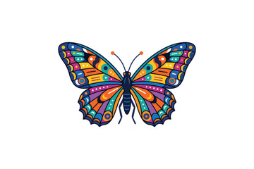 Fototapeta premium Vibrant butterfly illustration with multicolored wings features intricate folk art style patterns.