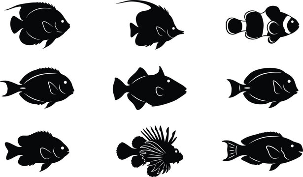 Tropical reef fish vector silhouette set featuring black marine icons of clownfish lionfish and tang isolated on white background