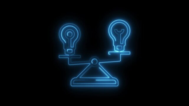Idea balance neon style animation decision making on a scales weighing options