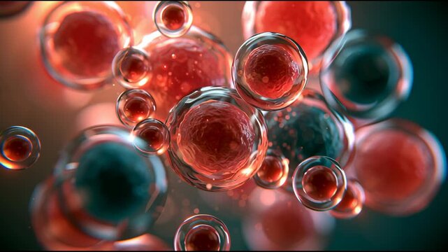 Red and clear molecules move and collide, showing different shapes and sizes in a vibrant arrangement.