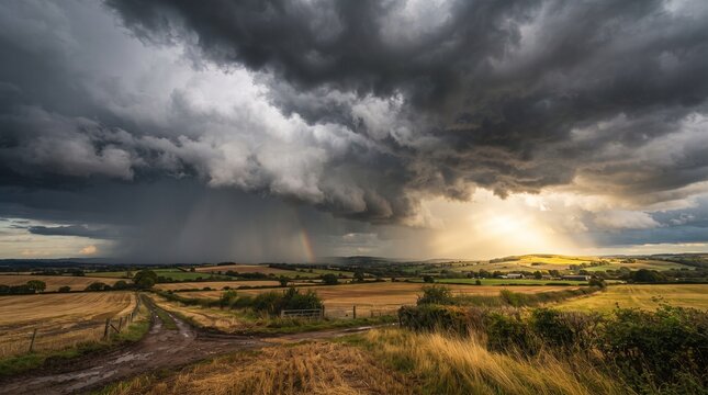 Dramatic storm clouds gathering over a rural landscape, with shafts of sunlight breaking through