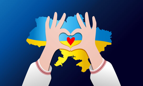 Love Ukraine, creative concept with map and hands. Vector design "Ukraine is my home" with map and hands holding heart