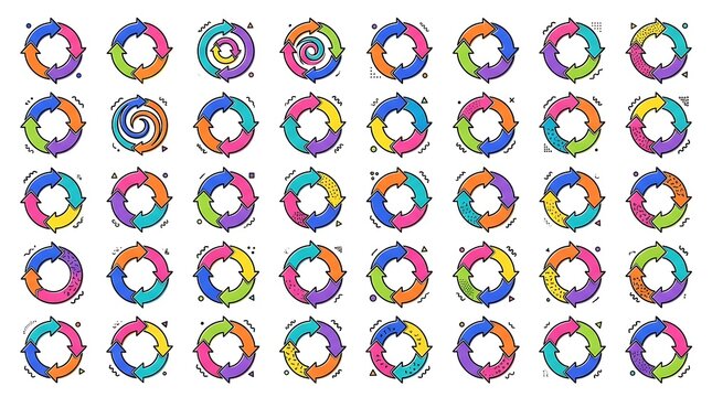 Collection of colorful circular arrow diagrams and process flow charts with multi color colorful infographic rotation collection strategy business illustration movement direction abstract