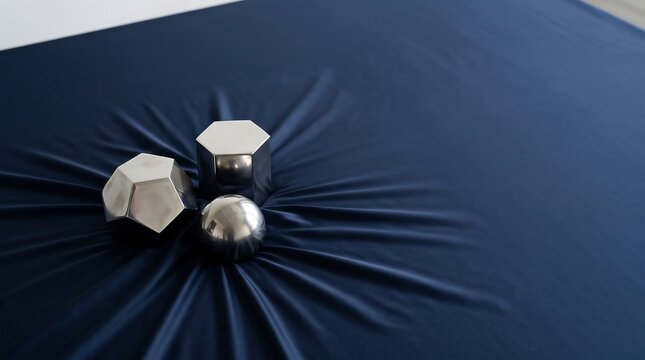 Three metallic geometric shapes on a stretched dark blue fabric creating radial wrinkles, conceptual representation of gravity and spacetime curvature