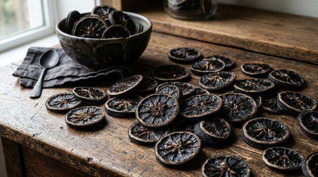 Dried black lime slices in a ceramic bowl on a rustic wooden table for a culinary food preparation
