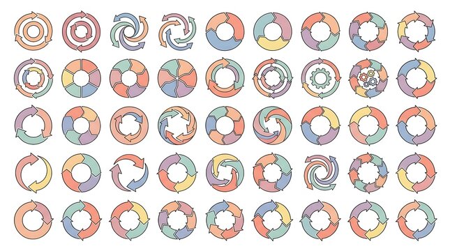 Comprehensive collection of colorful circular process diagrams and cycle infographics with infographic business flowchart marketing presentation template planning strategy management colorful