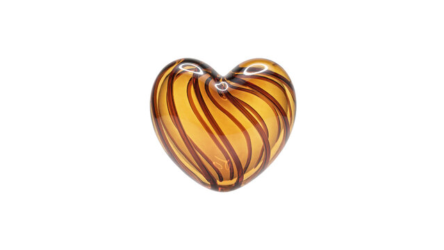 Detailed amber swirl glass heart sculpture with smooth polished surfaces and reflective highlights captured in high resolution isolated against a plain white solid on transparent background