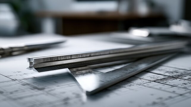 Metal rulers and measuring tools placed on architectural blueprints for precise planning and design in construction projects