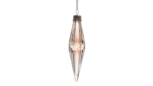 Elegant elongated crystal christmas tree ornament featuring a soft blush pink hue with intricate silver detailing captured in high resolution isolated on transparent background