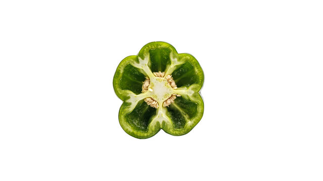 Fresh organic green bell pepper slice showing internal seeds and structure captured with sharp studio lighting in a top down macro view on transparent background