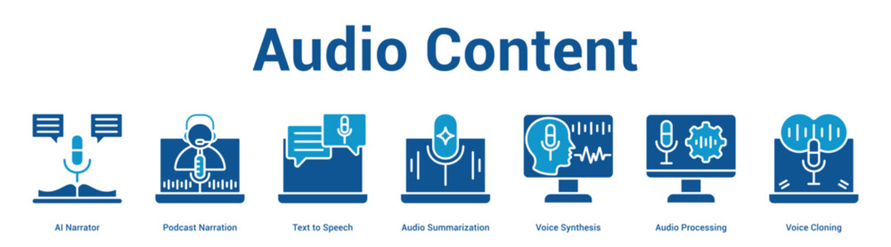 Audio Content web banner icon vector illustration concept for business with icon of AI Narrator, Podcast Narration, Text to Speech, Audio Summarization, Voice Synthesis, Audio Processing, Voice.