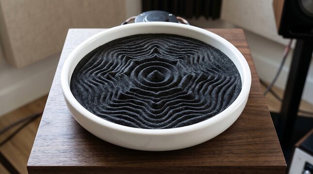 Geometric cymatics pattern formed in black sand on a speaker, visualizing sound frequencies