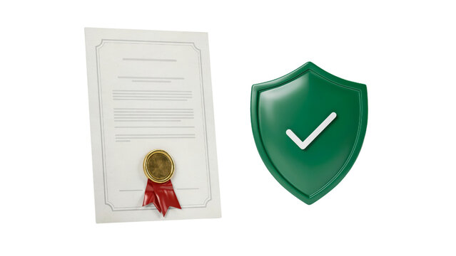 Official paper certificate document with a golden wax seal and a glossy green shield icon featuring a white checkmark symbol presented for isolated on transparent background