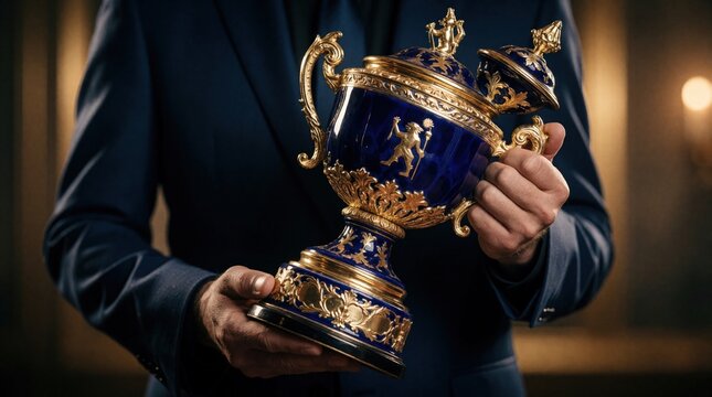 Man in dark suit holds antique blue and gold trophy. Ornate award signifies achievement, victory and prestige. Object features intricate golden patterns and figure relief.